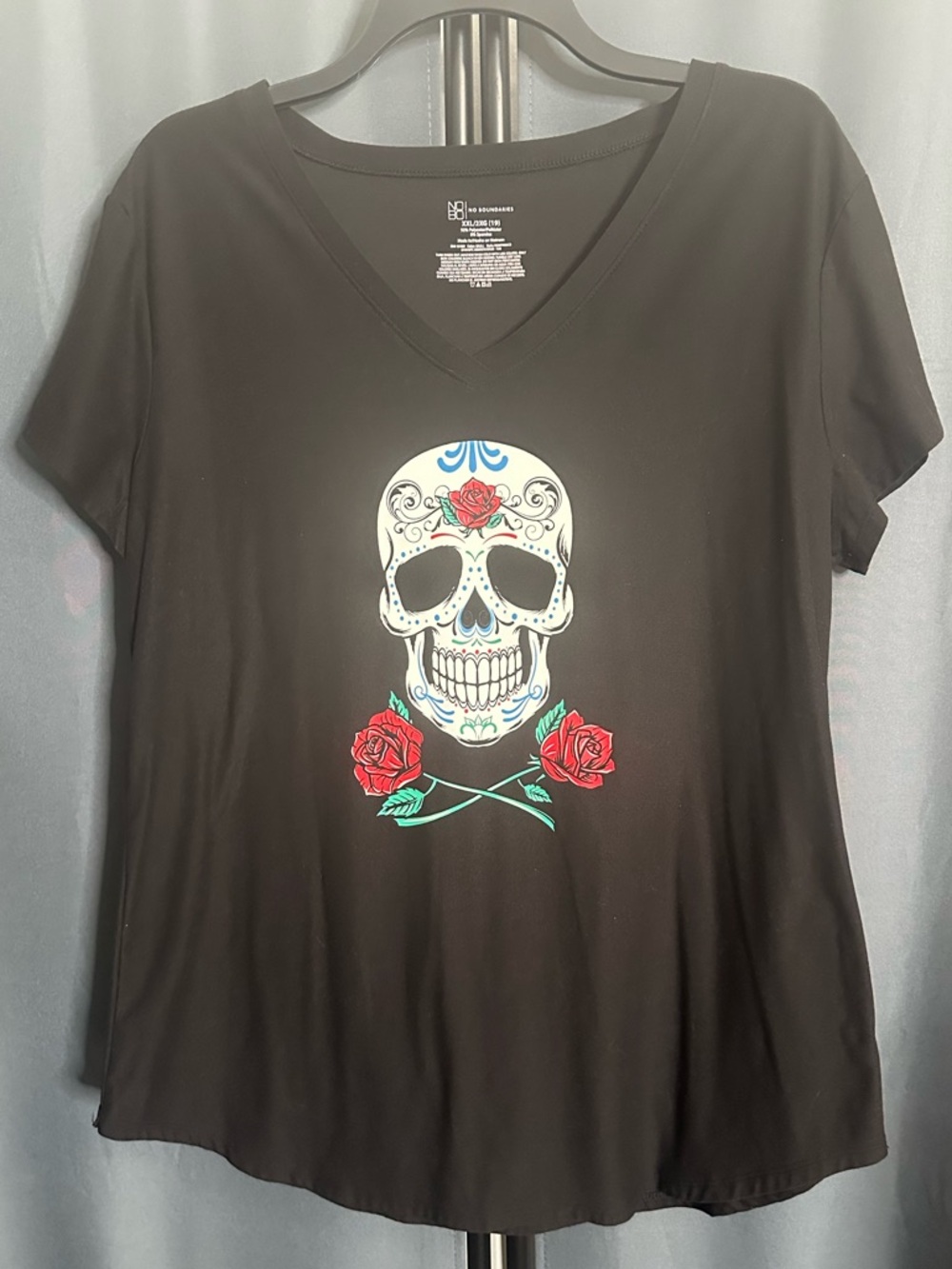 Black V-Neck Tee with Sugar Skull & Red Rose Graphic